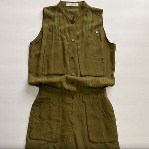 S-Twelve Army Green Tercel Romper Size Large Elastic Waist Snap Front EUC Lined
